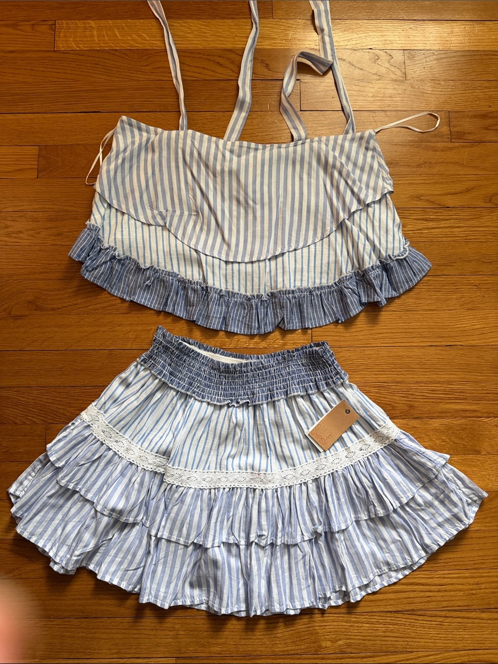 Surf Gypsy Blue and White Striped Ruffle Skirt Set